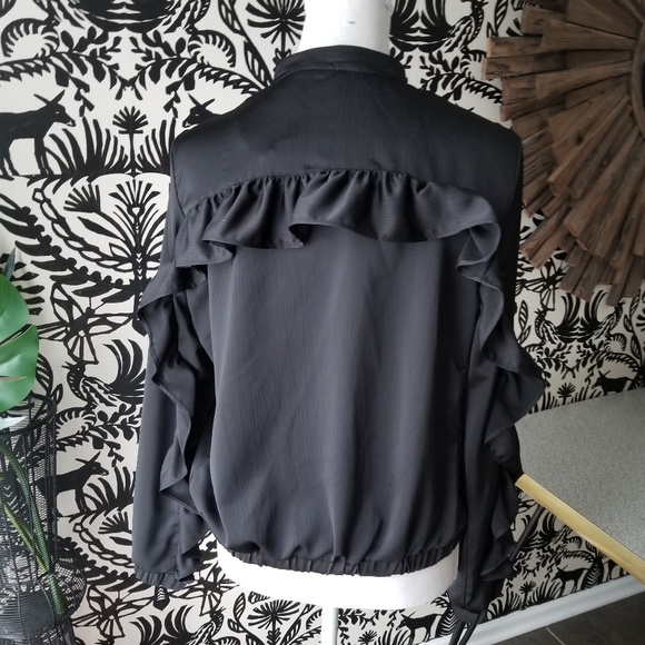 Black Bomber Jacket Ruffle Silver Zipper M - Picture 2 of 6